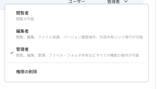 アクセス管理の権限の選択肢（閲覧者・編集者・管理者）